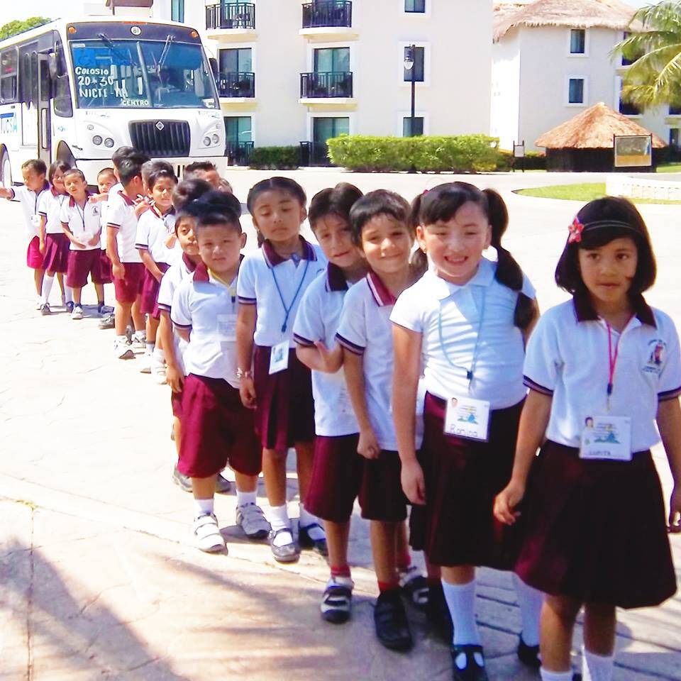 queue of school children